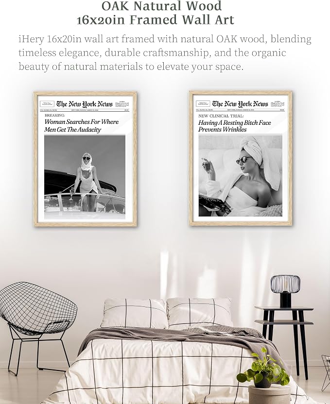 iHery 16x20in Champagne Problems on the Rise Framed Newspaper Art | Natural OAK Wood Frame with Canvas Print, Vintage Champagne Decor for Bar Cart, Kitchen, Living Room and Bathroom, 1Pack