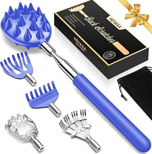 Telescoping Back Scratcher with 5 Detachable Heads, Gifts for Christmas, Stocking Stuffers for Men, Women, Him, Her, Dad, Funny White Elephant Gifts for Adults, Gift Box Included
