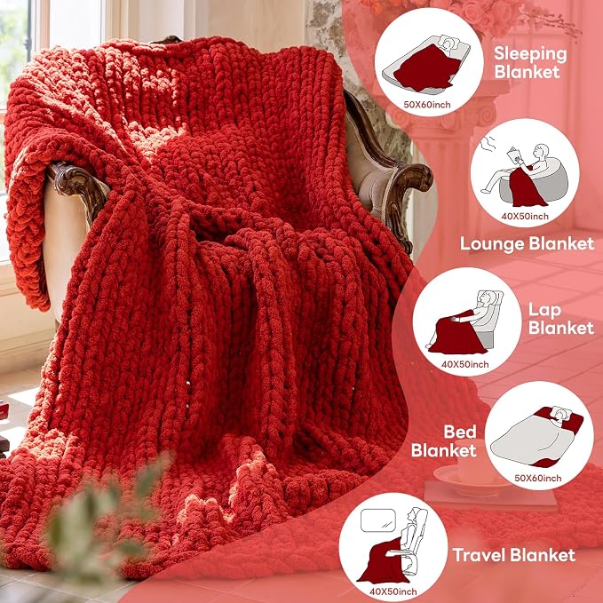 Chunky Knit Blanket - Luxury Soft Cozy 50 * 60 Throw Blanket,100% Woven Blanket Rope Knot Throw Blanket for Couch, Sofa, Home Decor, Gift - Machine Washable (Wine red, 50 * 60)