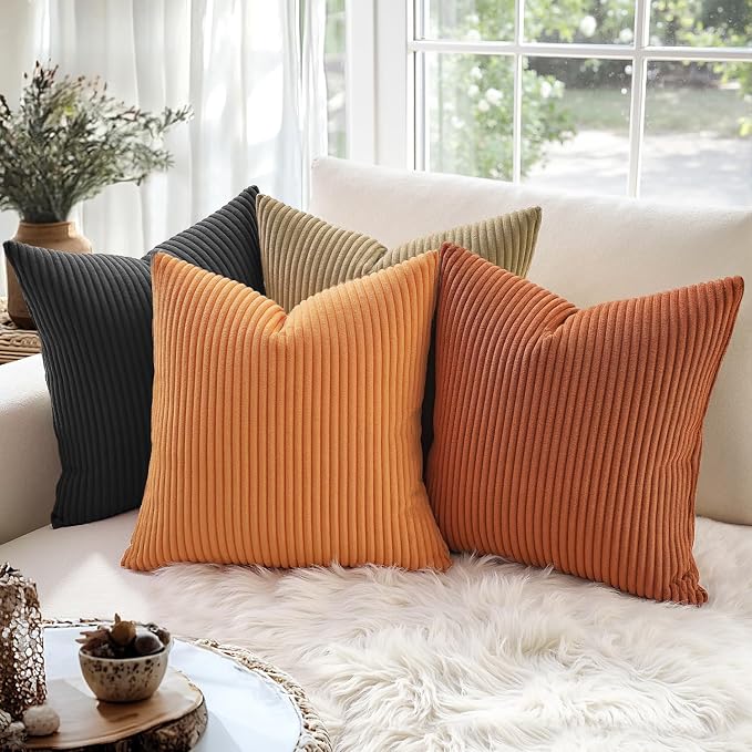 MIULEE Pack of 2 Burnt Orange Pillow Covers 20x20 Inch Soft Striped Corduroy Fall Throw Pillow Covers Set Decorative Square Cushion Cases Pillowcases for Sofa Bedroom Couch | Decorative Striped Textured Cushion Cases, Boho Rustic Square Pillowcases, Ho...
