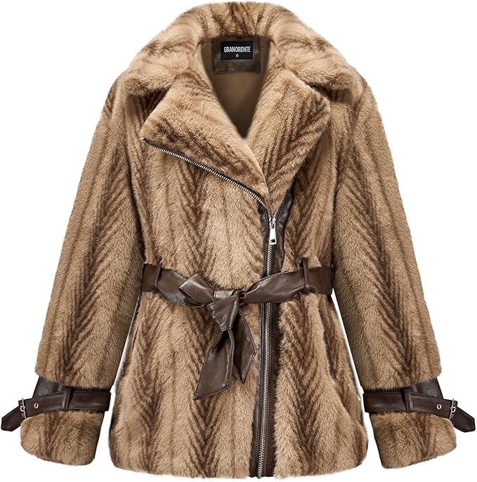GRAN ORIENTE Womens Belted Winter Faux Fur Coats, Cropped Fuzzy Cuff Furry Zipper Up Warm Jackets Outwear