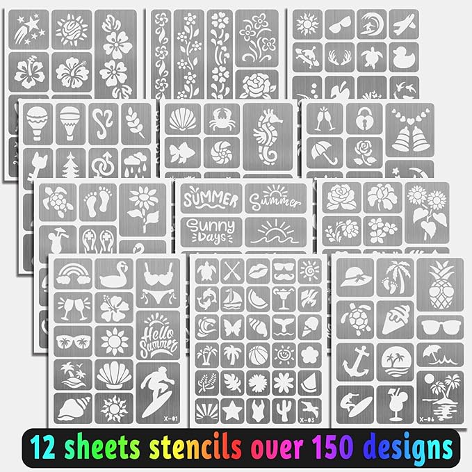 Temporary Tattoo Markers for Kids and Adults, 12 Metallic Markers and 150 Tattoo Stencil Designs, Cosmetic Tattoos Pens for Party Favor Gift and Face Painting