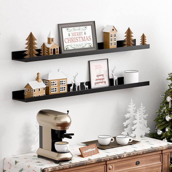 upsimples Floating Shelves for Wall Decor and Storage, Black, 6Pcs 35.5'' | Wall Mounted Wood Shelves for Living Room, Bedroom, Kitchen, Office, Nursery Room, Coffee Bar Display and Organize