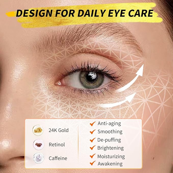 Under Eye Patches(12 Pairs), 24K Gold, Caffeine, Retinol Eye Masks for Puffy Eyes, Wrinkles, Dark Circles, Undereye Bags Treatment - Restoring & Awakening & Moisturizer Skin care Gift for Women