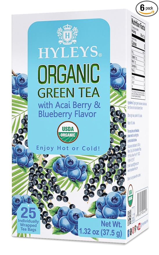 HYLEYS Organic Green Tea, Acai Berry and Blueberry Flavor, 150 Individually Wrapped Tea Bags (6 Pack of 25) - USDA Organic - Kosher & Vegan