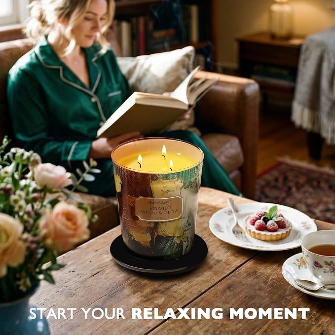 HomeLights 3-Wick Candles for Home Scented - 34oz Soy Wax Blend Candle Long-Lasting Fragrance, Industrial Chic Home Decor and Housewarming Gifts, Fireside Wood & Glow