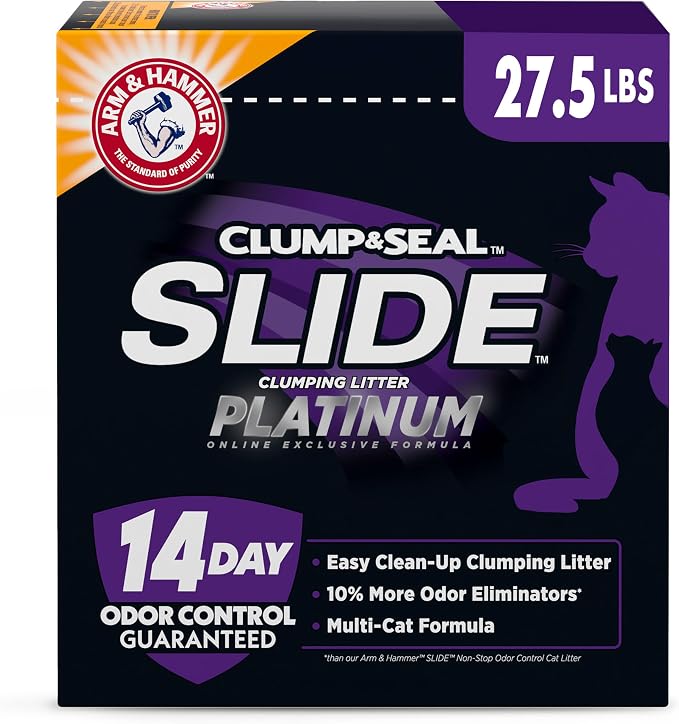ARM & Hammer Slide Platinum Easy Clean-Up Clumping Cat Litter, 27.5 Lbs | 24/7 Odor Control, Triple-Action Freshness, Non-Stick, Low Tracking, Multi-Cat Formula, Scented