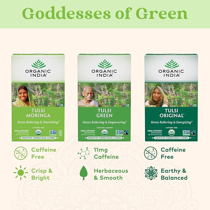 ORGANIC INDIA Tulsi Moringa Tea Bags- Holy Basil, Lemongrass, Moringa Leaves, Calming Immune Support Tea, USDA Organic, Caffeine Free- 18 Bags, 3 Pack