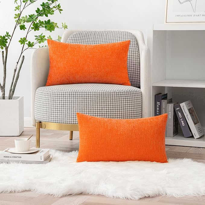 MIULEE Chenille Fall Lumbar Throw Pillow Covers Bright Orange 12x20 | Pack of 2, Modern Fall Decor, Classic Decorative Pillows, Solid Dyed Cases, Couch Cushion Covers for Sofa Bed Living Room