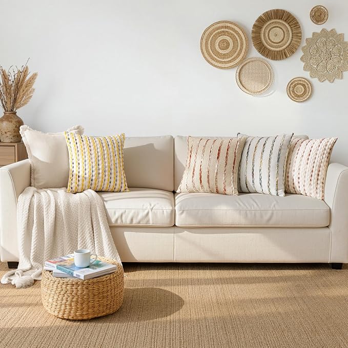 ANRODUO Boho Decorative Throw Pillow Covers Blue Stripe 18x18 Inch Set of 2 | Woven Chenille Decorative Cushion Case with Striped Farmhouse Accent Neutral Pillowcase for Couch Sofa Bed Living, Room Decor