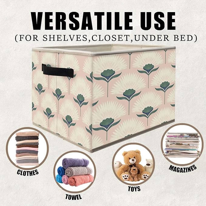 Retro Pink Floral Storage Bins Basket, Mid Century Modern Art Nouveau Collapsible Fabric Storage Box Organizer Toybox for Bedroom Bathroom Clothes Books Toys