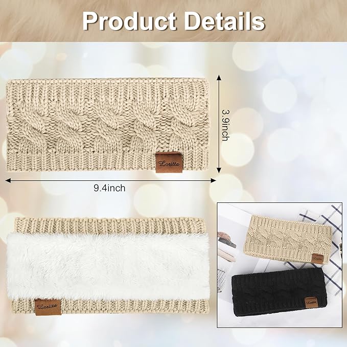 Loritta 2 Pack Headbands for Women Winter Warm Cable Knit Ear Warmer Thick Head Wrap Fuzzy Fleece Lined Gifts