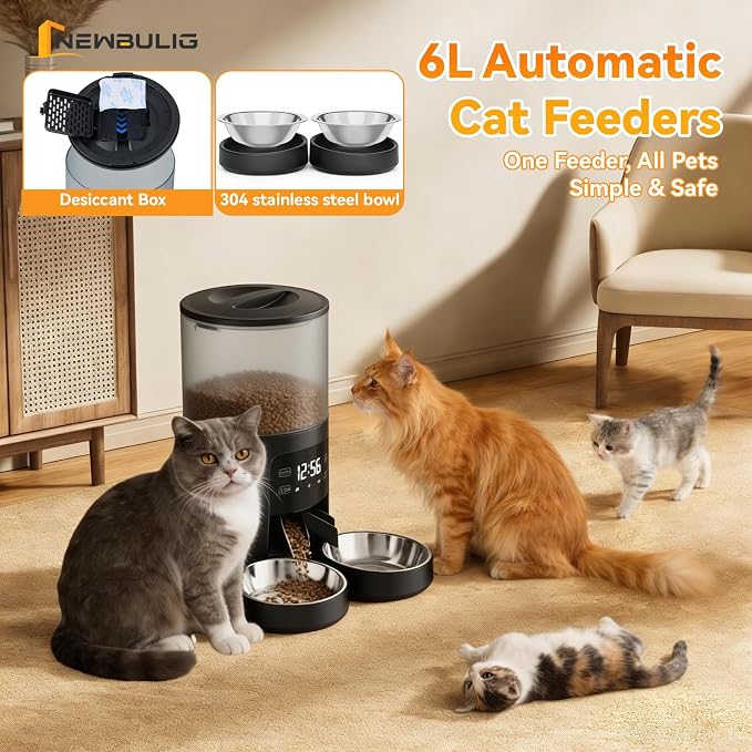 NEWBULIG Automatic Cat Feeder for 2 Cats, 6L Timed Pet Feeders, Black | Dual Bowls, 25.3 Cups, 10s Voice Recorder, Dog Food Dispenser for Dry Food, 6 Meals/Day, 50 Portions/Meal, Dual Power Supply