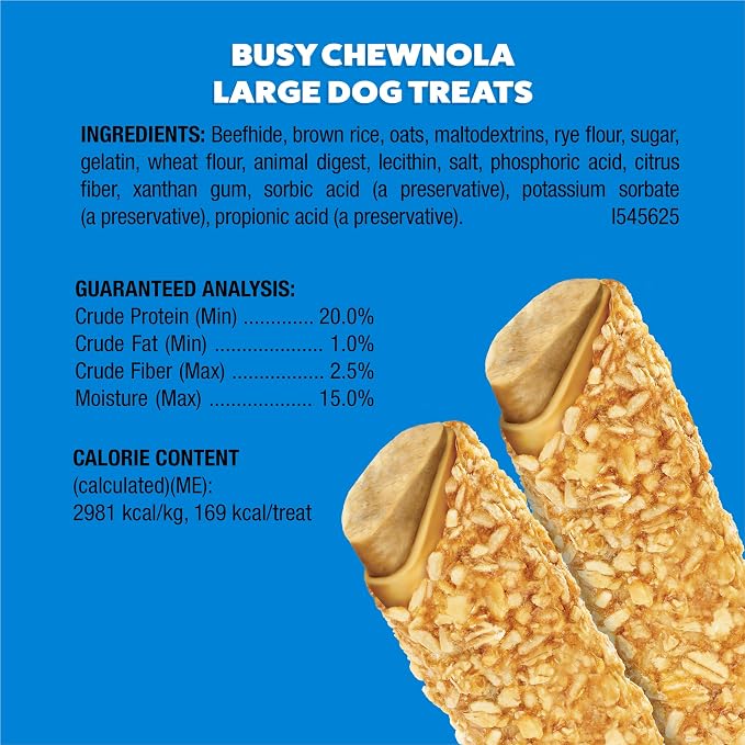 Purina Busy Chewnola Small/Medium Dog Bones, Oats & Brown Rice, 10 ct Pouch | Three-layer dog treat made with wholesome grains and a real beefhide center, long-lasting chew that helps clean teeth