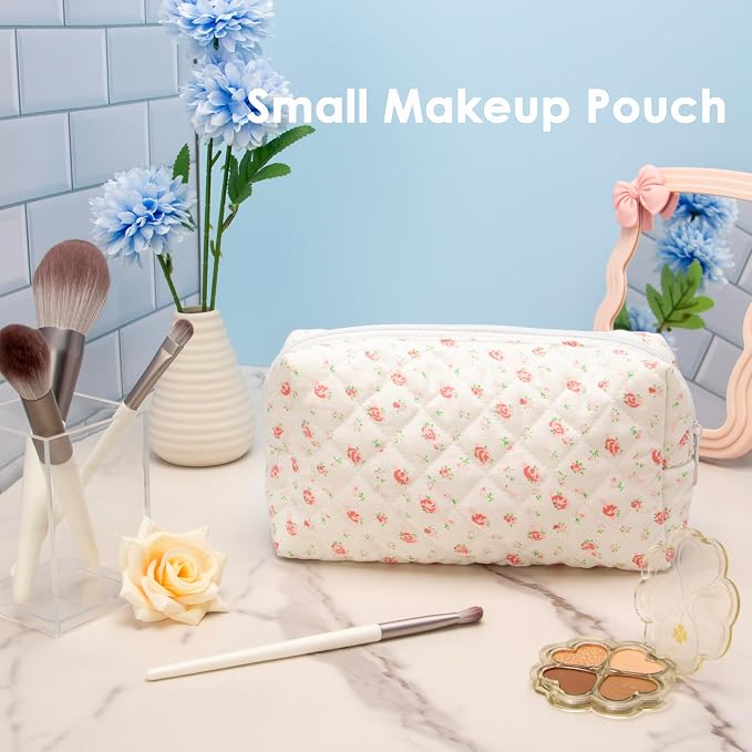 PAZIMIIK Small Quilted Makeup Bag,Zipper Cosmetic Pouch,Gauze Rose,2 Pack | Lightweight Cosmetic Bag Organizer for Women,Purse Storage Holds Makeup,Toiletries,Skincare,Beauty Essentials,Travel Items
