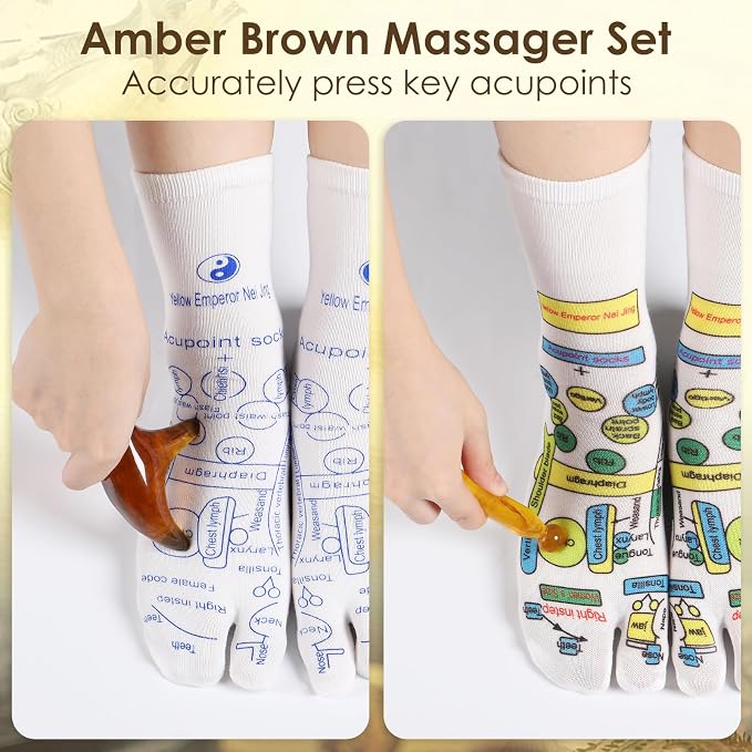 Reflexology Socks Set with Gloves Tools, 2 Pairs Chiro Acupressure Acupuncture Trigger Point 4pcs Massage Tool Gua Sha Foot Hands Head Pain Relief Acupoint Birthday Gifts for Women E
