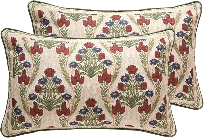 Elegant French Linen Throw Pillow Cover,Set of 2,20"x12"-Estonia A | Designer Vintage Rectangle Pillow Cover,Concealed Zipper Design,Floral Pattern,Sofas,Bedroom,Living Room,Lounge Chairs