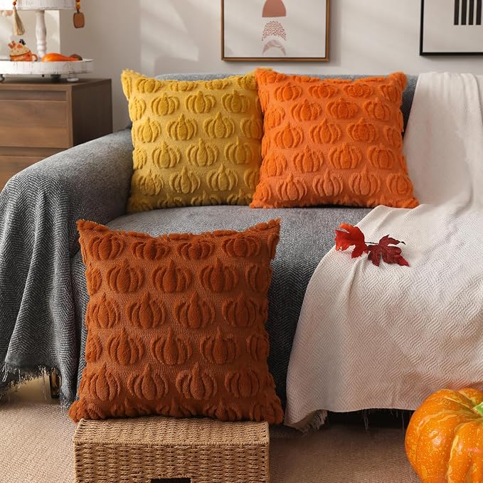 DFXSZ Fall Pillow Covers 22x22 2Pcs Rust Pumpkin Fall Decorations for Home | Fall decor Set of 2 Throw Pillow Cases Soft Plush Faux Fur Wool Couch Cushion for Chair Sofa Bedroom Living Room Home Decor