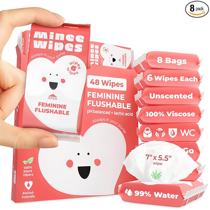 Feminine Wipes for Women – Flushable pH Balanced Wipes, 99% Water & Aloe – Unscented, Gentle Intimate & Period Care with Odor Protection – Daily Hygiene & Travel Essentials – 8 Pack, 48 Wipes