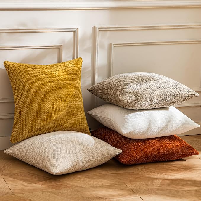 a moment Mustard Yellow Chenille Throw Pillow Covers 20x20 Inch Pack of 2 Modern Decorative Throw Pillow Covers Farmhouse Cross Covers Home Decor for Sofa Bedroom Living Room