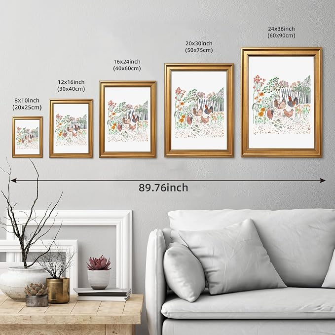 Framed Cottagecore Chicken Wall Art Painting Farmhouse Hens Print Rustic Country Farm Illustration Picture Poster Vintage Pastoral Canvas Artwork Aesthetic Cottage Home Kitchen Room Decor 16x20inch
