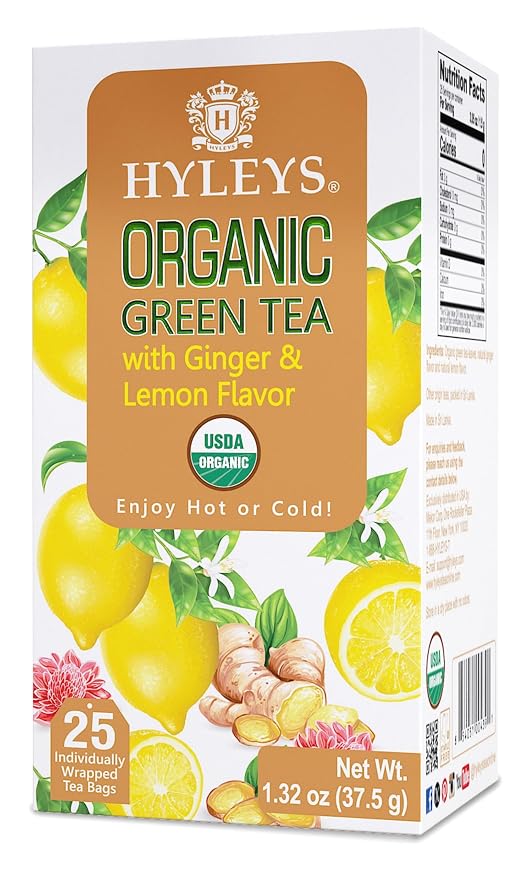 HYLEYS Organic Green Tea, Ginger and Lemon Flavor - 25 Individually Wrapped Tea Bags - USDA Organic - Kosher & Vegan