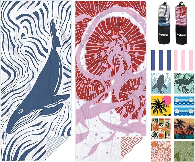 Eunzel 2 Pack Microfiber Beach Towel, Quick Dry Travel Towel Large Sand Free Towel for Beach, Camping, Swim Pool, Gym, Sports& Yoga 71"x32", Whale& Jellyfish