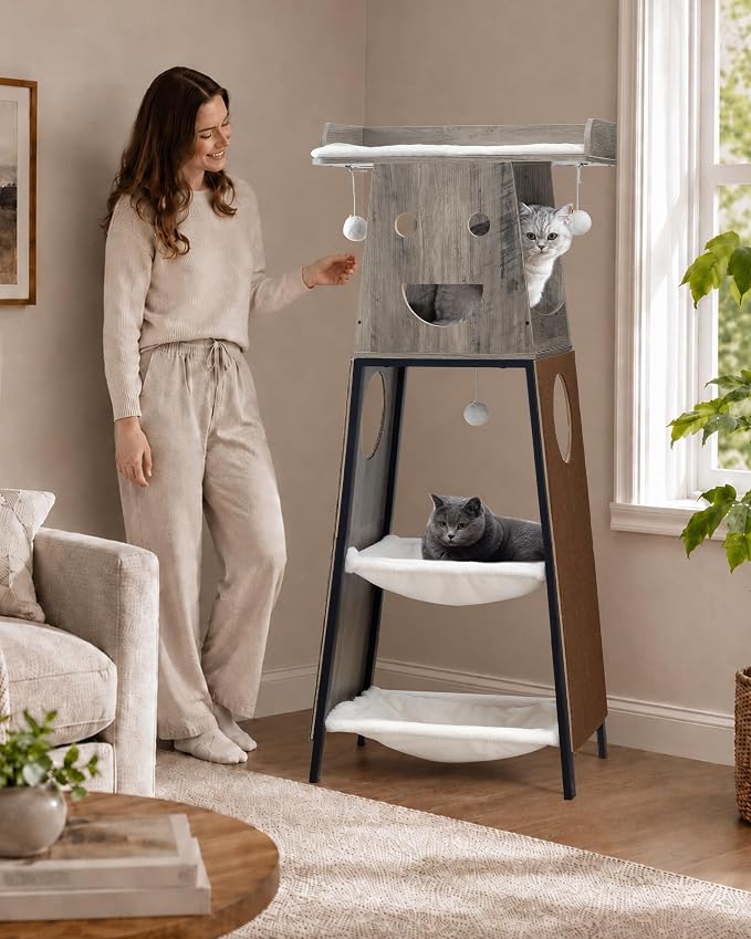 56in Modern Wood Cat Tree Tower for Indoor Cats with Hammock | Multi-Level Climbing Design, 2 Spacious Hammocks, Top Perch, Cat Condo, Scratching Boards, Ideal for Multi-Cat Homes,Greige
