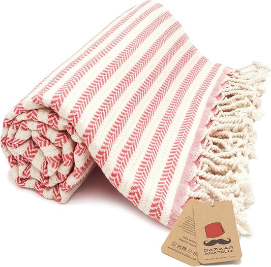 Bazaar Anatolia Turkish Beach Towel – 100% Cotton, Quick Dry, Sand Free Striped Towel for Bathroom, Travel, Camping – Oversized 71x39 Inches – Arpa Coral