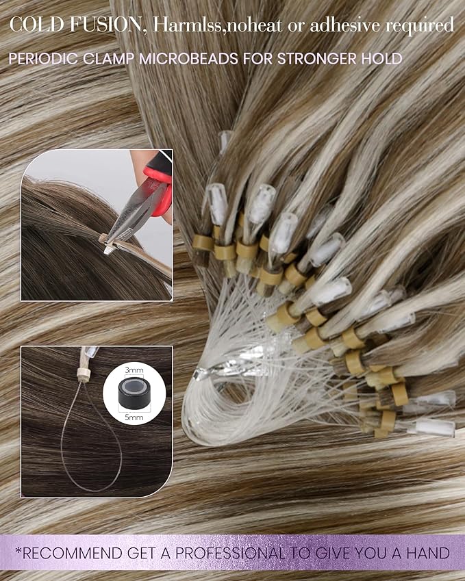 LaaVoo Micro Link Hair Extensions Human Hair Light Brown Highlighted Platinum Blonde Micro Ring Hair Extensions Human Hair 18 Inch 50g/50s