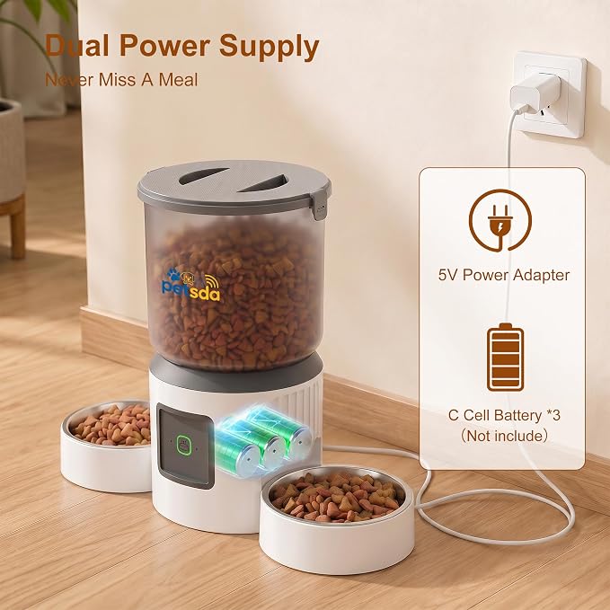 Automatic Cat Feeder for 2 Cats 4L Timed Dry Food Dispenser WiFi 9 Meals Programmable 1-15 Portion Per Day with APP Control Double Bowl Dual Power Supply with 2 Stainless Bowl for Multi-Pet Easy Clean