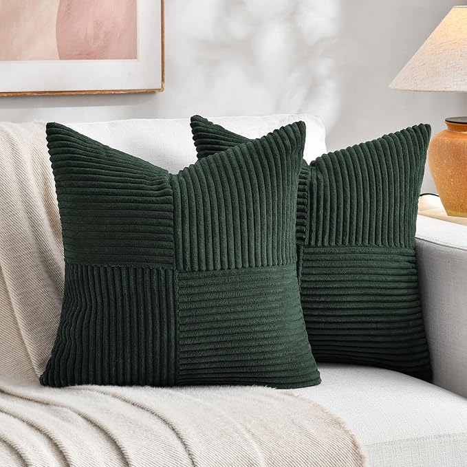 Fancy Homi Dark Green Samll Decorative Throw Pillow Covers 14x14 Inch for Living Room Couch Bed, Boho Farmhouse Forest Green Home Decor, Soft Corss Corduroy Patchwork Textured Cushion Case