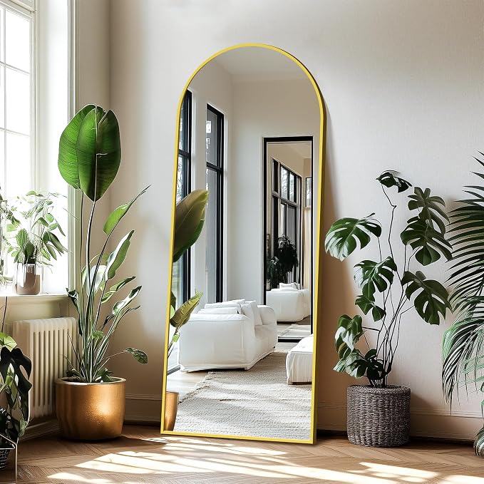 Arched Full Length Mirror with Stand, 69x24 Gold Floor Mirror | Aluminium alloy frame with HD float glass for distortion-free reflection. Free standing or wall mounted.