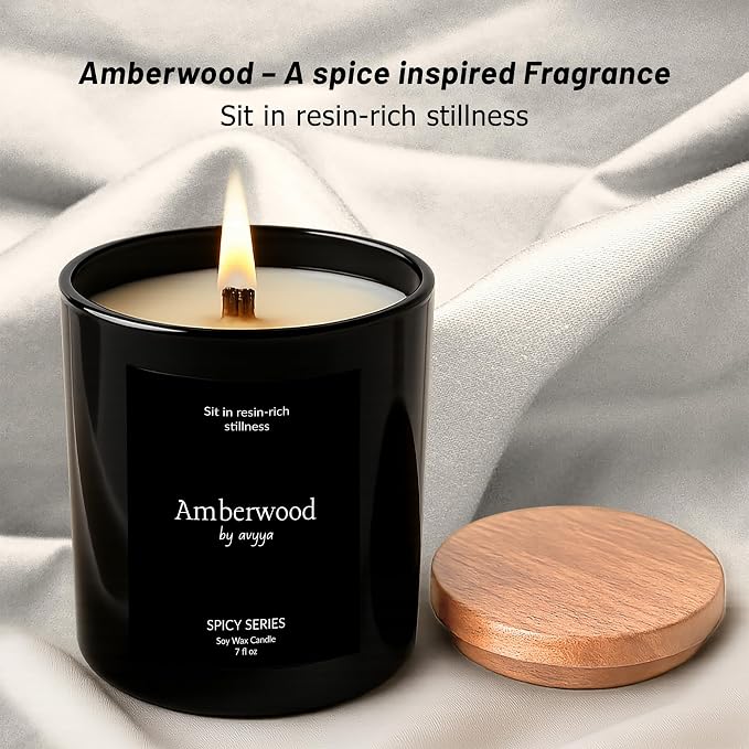 Spicy Series Soy Candle | 100% Natural Soy Wax, Essential Oil Aromatherapy | Eco-Friendly Wooden Wick and Reusable Jar | Carbon-Free | Handmade Gift Candle (Amberwood)
