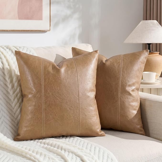 Fancy Homi Light Brown Boho Long Square Faux Leather Decorative Throw Pillow Covers 20x20 Inch for Living Room Couch Bed Sofa, Hand Stitched Cushion Case, Rustic Modern Farmhouse Home Decor