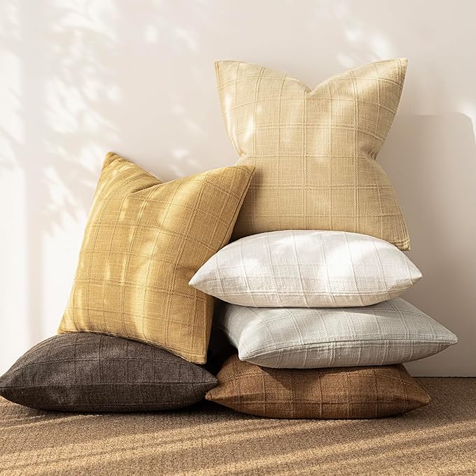 Foindtower Set of 2 Decorative Linen Check Throw Pillow Covers Neutral Farmhouse Vintage Cushion Covers Modern Boho Accent Home Decor for Sofa Chair Couch Bedroom Living Room,22×22 Inch,Amber Gold
