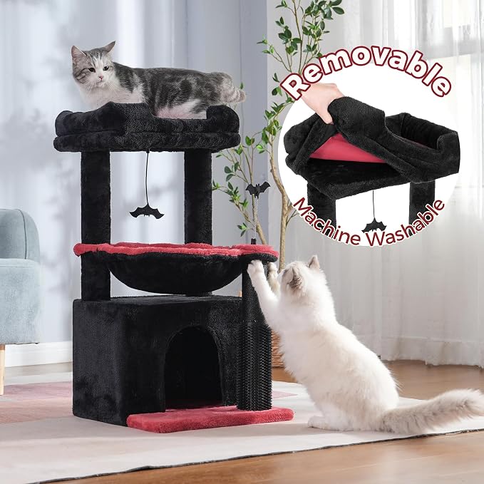 Cat Tree 32” Small Cat Tower with Large Hammock 16”& Self Groomer | Gothic Cat Tree with Hammock 16” Dia, Removable Bed, Scratching Post & Self Groomer Small Cat Tree for Indoor & Adult Cats