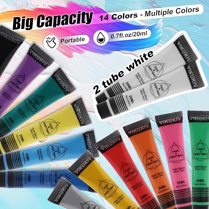 14 Colors Face Body Paint Kit Professional Water Based Face Painting for Adults and Kids Multi-Color Special Effects Makeup Set for Halloween Christmas Party Cosplay 0.7OZ Each
