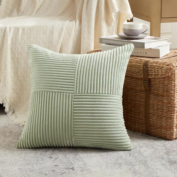 Fancy Homi Set of 1 Sage Green Square Decorative Throw Pillow Covers 14x14 Inch for Living Room Bedroom Couch Bed Sofa, Soft Striped Corduroy Modern Rectangle Accent Cushion Case 35x35 cm