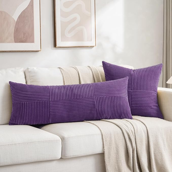 Fancy Homi Set of 1, Decorative Purple Corduroy Patchwork Soft Striped Modern Accent Cushion Case Farmhouse Boho Neutral Throw Pillow Covers for Chair Couch Sofa Bed Living Room Home 36x14 Inch