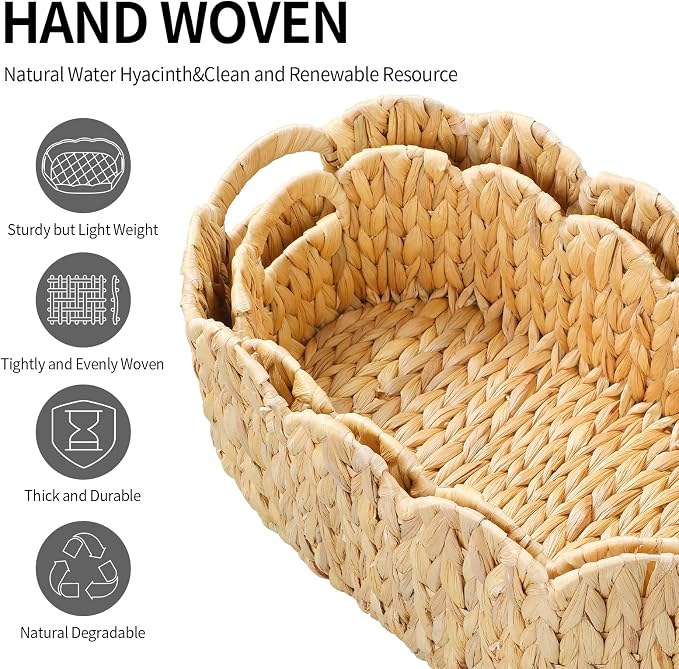 Coeusy Scalloped Basket Set of 2,Water Hyacinth Basket for Organizing and Decor,Hand-Woven Wicker Storage Baskets with Built-In Handles for Nursery,Gift