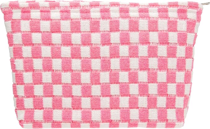 Knitted Checkered Makeup Bag Large Zipper Make Up Accessory Pouch for Purse Cosmetic Brush Bag for Travel Essential Pink White