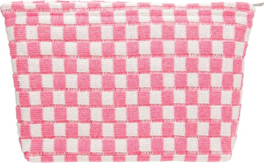 Knitted Checkered Makeup Bag Large Zipper Make Up Accessory Pouch for Purse Cosmetic Brush Bag for Travel Essential Pink White