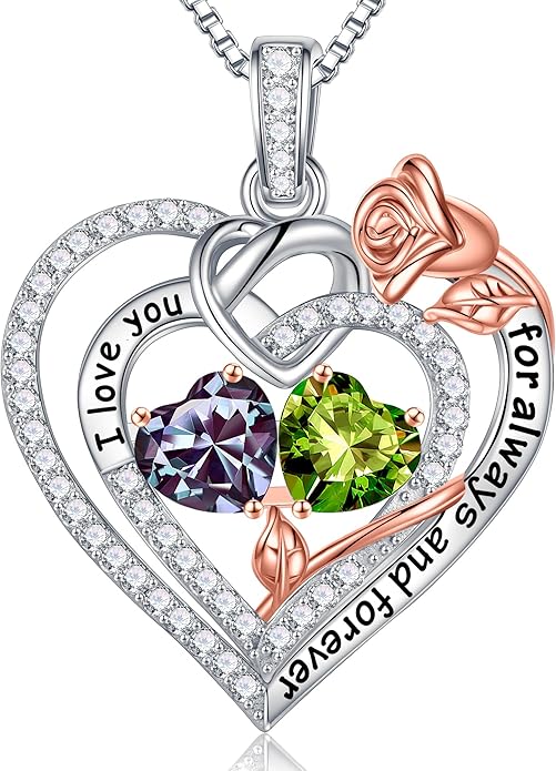Iefil Valentines Day Gifts for Her Wife - 925 Sterling Silver Double Birthstone Necklace, Anniversary Birthday Gifts for Women, Jewelry Gift for Wife Girlfriend Mom Her