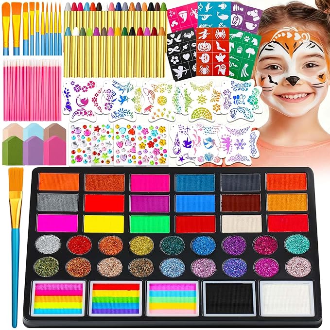 41 Color Face Painting Kit for Kids & Adults, Non-Toxic Water Activated Face Paint Palette with 28 Crayons, Reusable Stencils, Brush, Sponge, Gems - for Halloween, Birthday Party, Costume Makeup