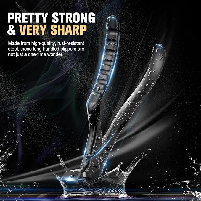 FERYES Ergonomic Non-Slip Long Handle Nail Clippers for Seniors, Unique Angled Head Curve Wide Jaw Opening Toenail Clipper with Catcher for Thick Toenails and Fingernails