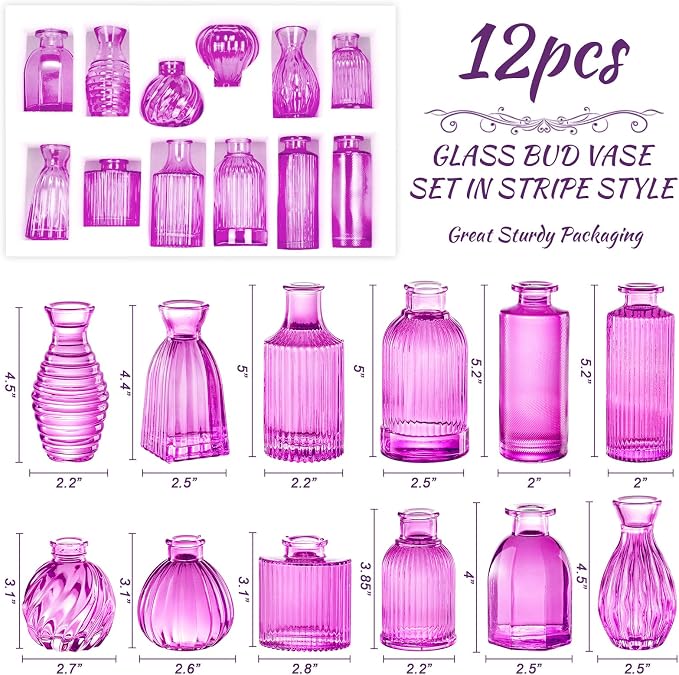 12PCS Hot Pink Vase Small Colored Flower Bud Vases | Glass Bud Vase in Bulk Pink Vases for Centerpieces Vintage Colored Glass Bottles for Home Office Decor