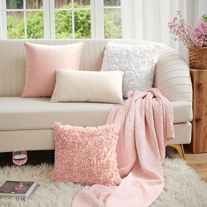 MIULEE Decorative Rose Flower Pillow Cover Pack of 1 Peach Pink 12x20 Inch | Cute Romantic Stereo Chiffon Throw Pillow Cover Aesthetic Solid Pillowcase for Girl Coquette Room Decor Coach Bedroom
