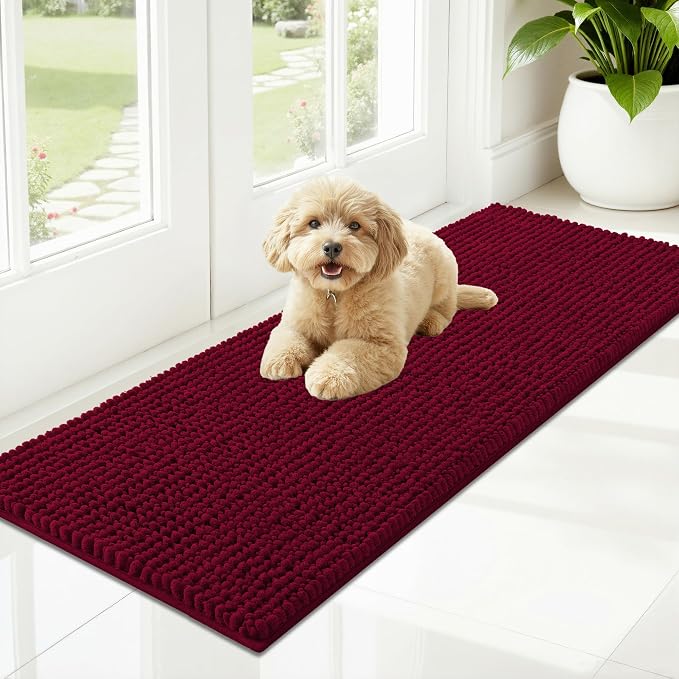 OLANLY Dog Door Mat for Muddy Paws 47x17, Extra Absorbent Chenille Mud Mat | Burgundy, Absorbs Moisture and Dirt, Non-Slip Machine Washable Doormat, Quick-Drying Indoor Entryway Floor Mat for Dogs