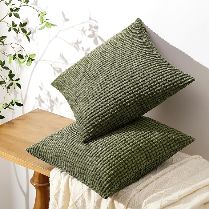 Softalker 2 Pack Corduroy Decorative Throw Pillow Covers 18x18, Olive Green | Soft Boho Striped Pillow Cases, Couch Fluffy Cushion Covers for Farmhouse Home Decor Bed Living Room